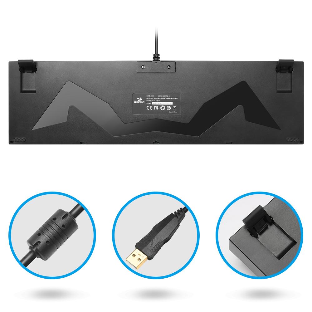 Black gaming keyboard with USB connection, featuring ergonomic design and cable management.