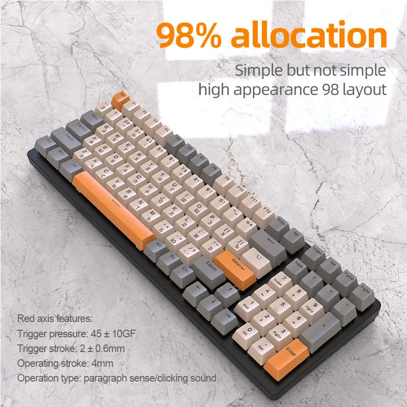 98% layout mechanical keyboard, dual-color keys, red axis switches, compact design, ergonomic for typing.