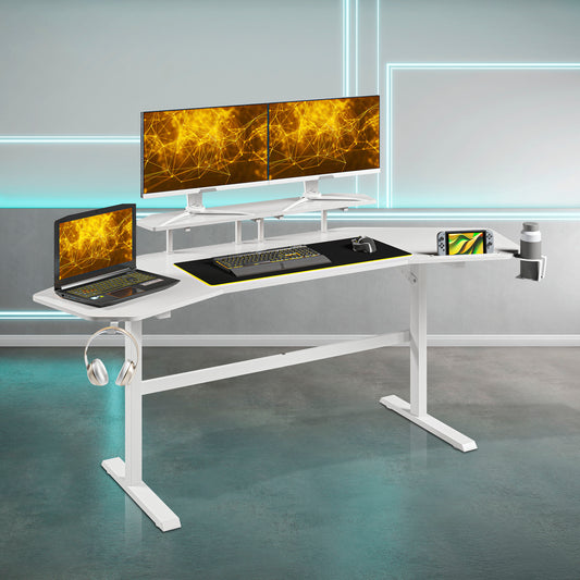 Gaming Desk with Shelves & Accessory Holder, White