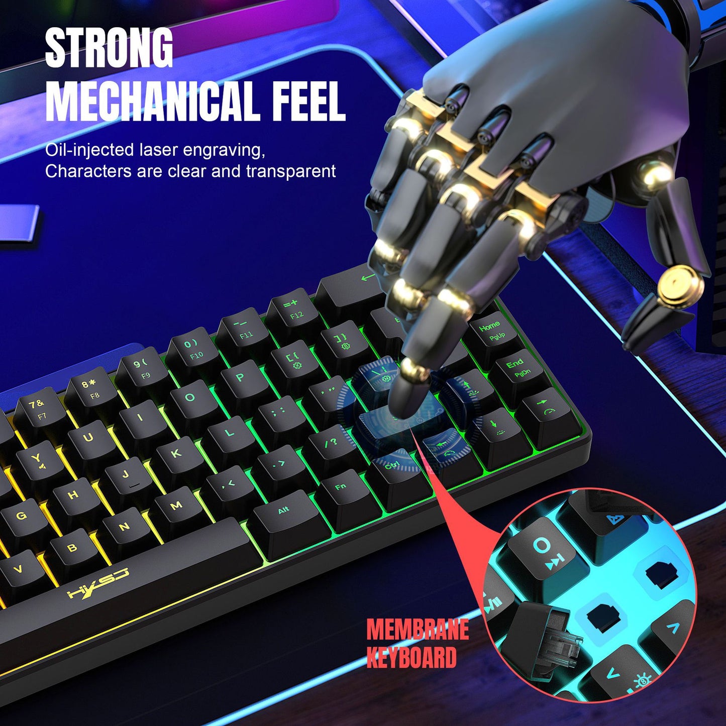 Black membrane gaming keyboard with RGB lighting and oil-injected laser-engraved keys for clarity.