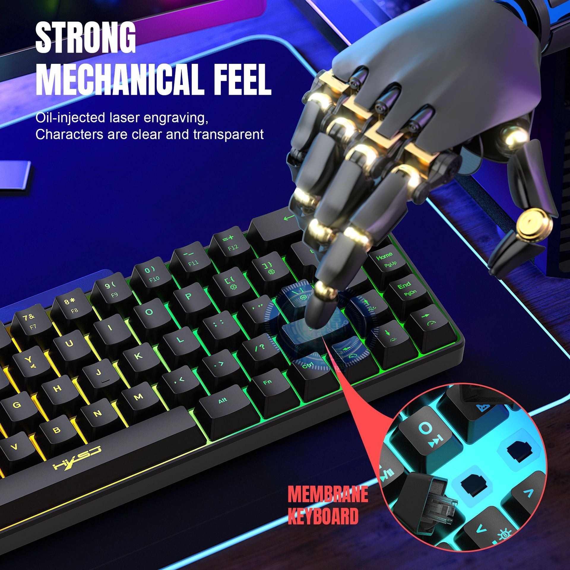Black membrane gaming keyboard with RGB lighting and oil-injected laser-engraved keys for clarity.