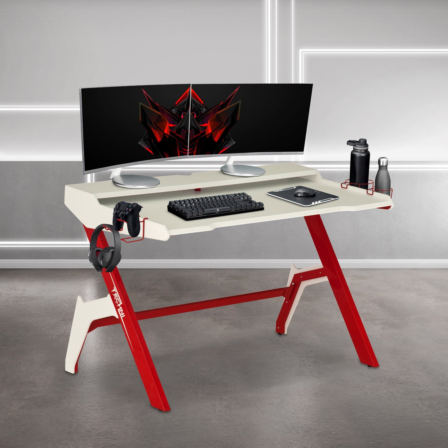 Ergonomic Computer Gaming Desk Workstation with Cupholder & Headphone Hook, Red