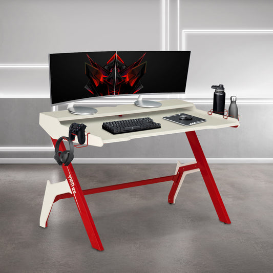 Ergonomic Computer Gaming Desk Workstation with Cupholder & Headphone Hook, Red