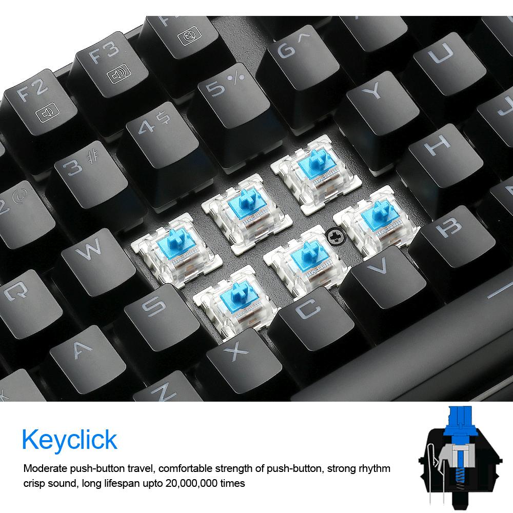 Close-up of mechanical keyboard switches with blue keycaps, featuring tactile feedback and long lifespan.