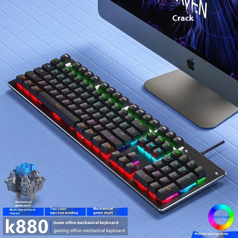 K880 mechanical keyboard, black with RGB lighting, green shaft switches, ideal for gaming and office use.