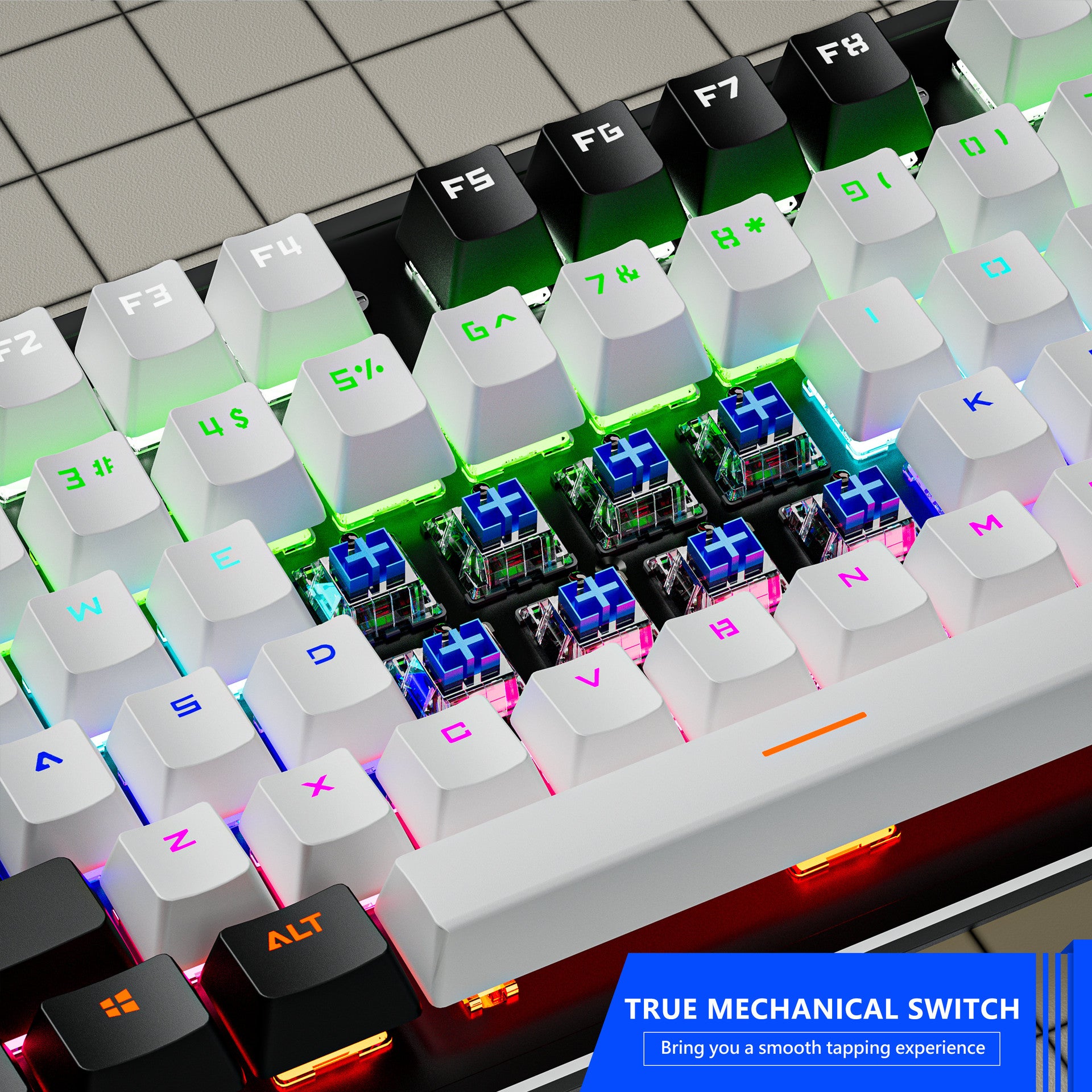 RGB mechanical keyboard with white keycaps and blue switches for a smooth typing experience.