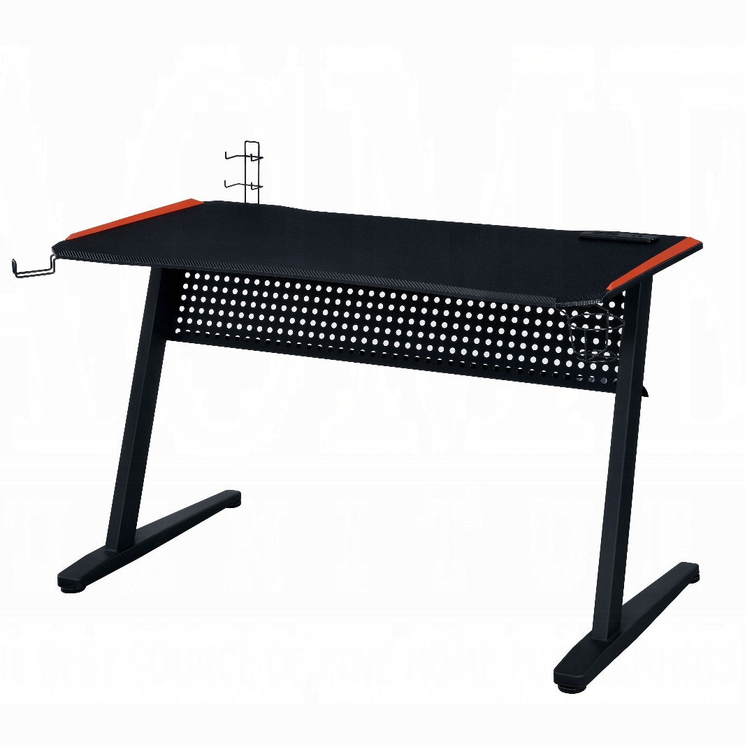 Black and Red Gaming Desk With LED Light And USB Port And Open Leg Design