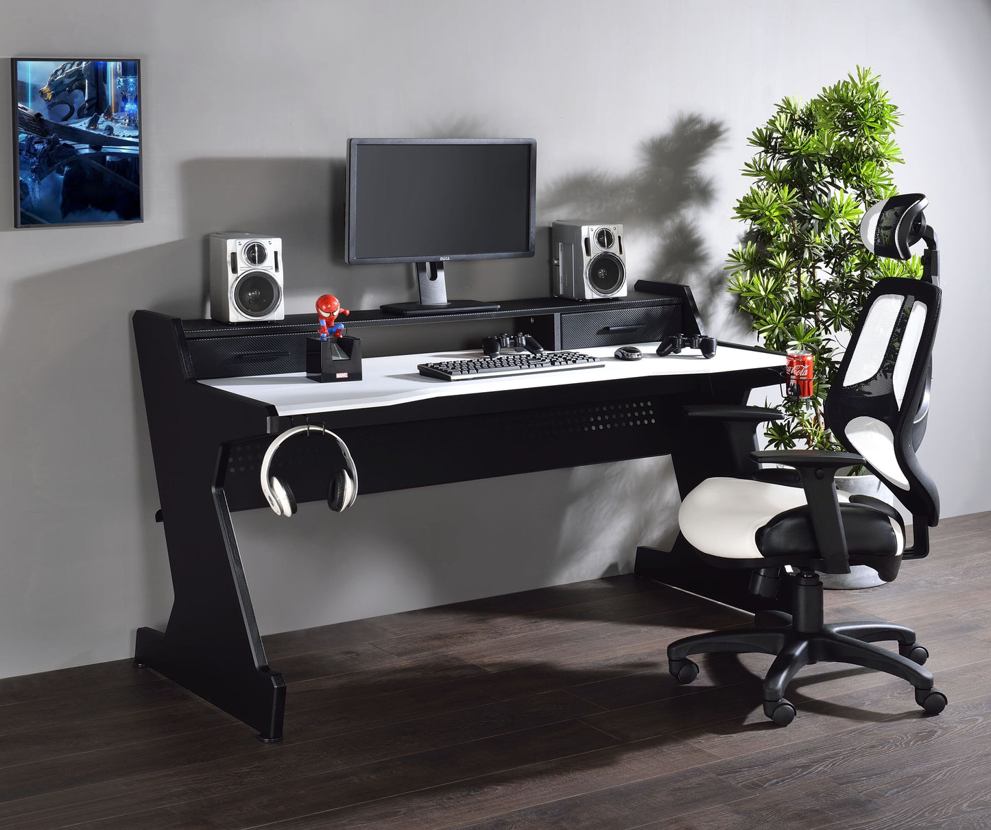 Black And White 2 Drawer Gaming Desk With Open Storage Compartment