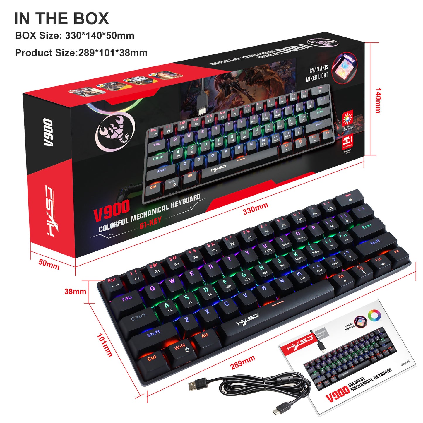 Mechanical 61 Wired RGB Keyboard with Blue Switches for Gaming and Office Use