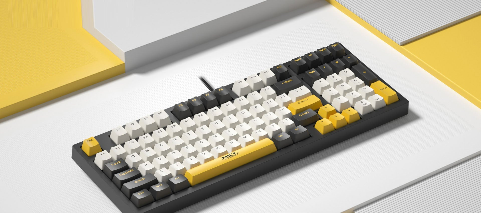 Mechanical keyboard with black, white, and yellow keys, ideal for gamers and typists.