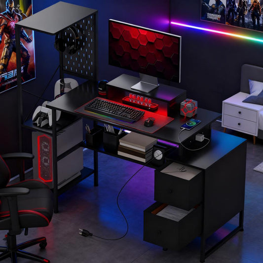 Gaming Desk With Storage And LED Lights Computer Table With Power Outlets