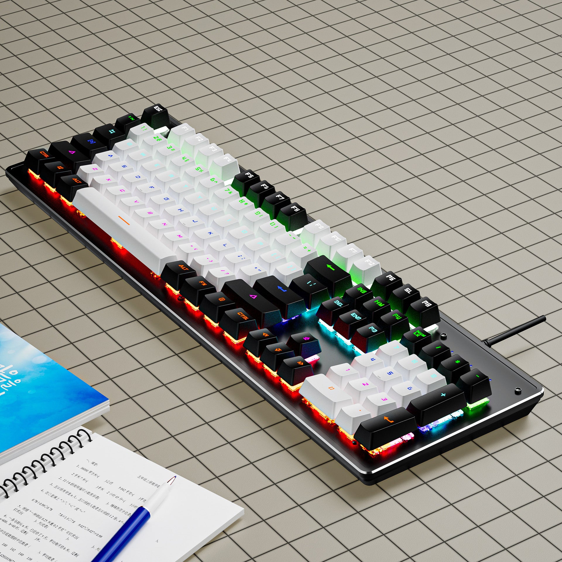 RGB mechanical keyboard with black and white keys, customizable lighting, and sleek design for gamers.