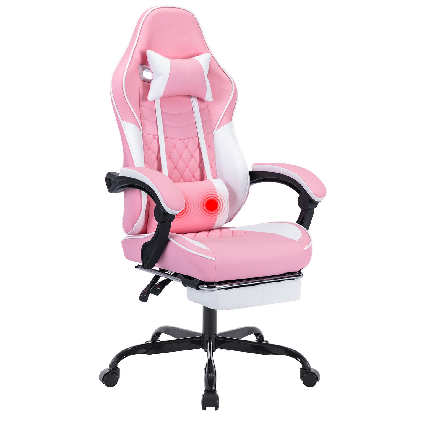 Racing Style Ergonomic Gaming Chair w/Massage Lumbar Support And Footrest  Pink/White
