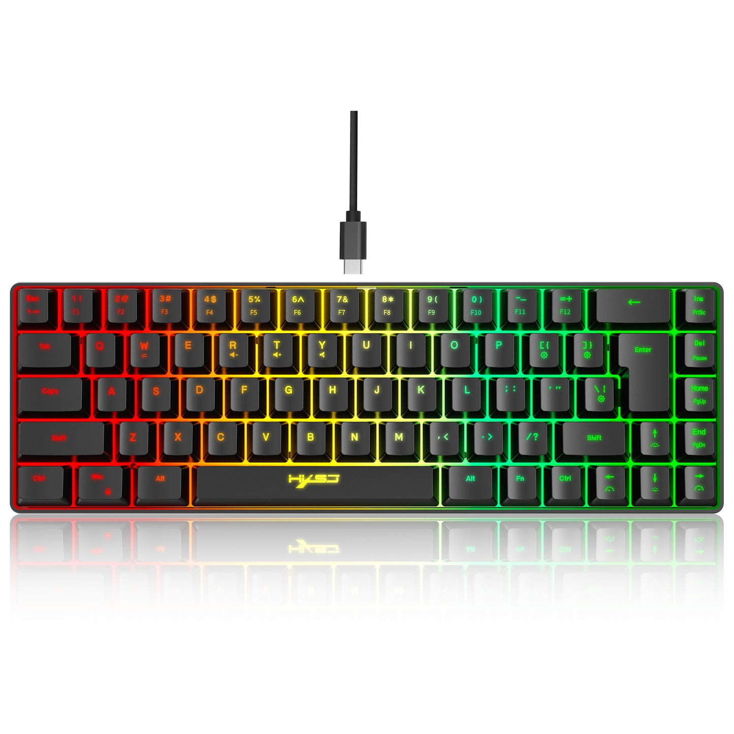 RGB backlit mechanical keyboard, compact design, black with multi-color lighting, USB connectivity.