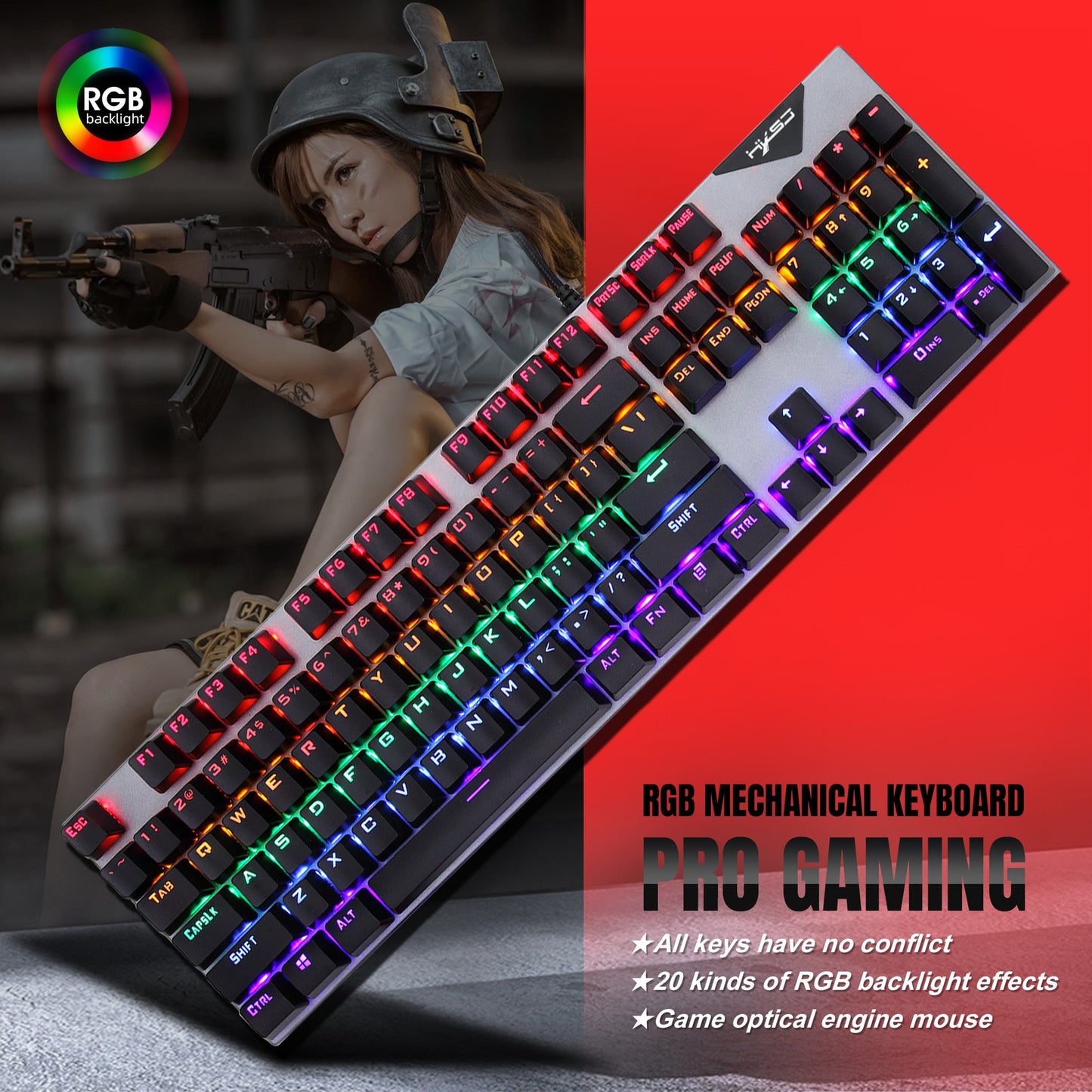 RGB mechanical gaming keyboard with 20 backlight effects and anti-ghosting technology.