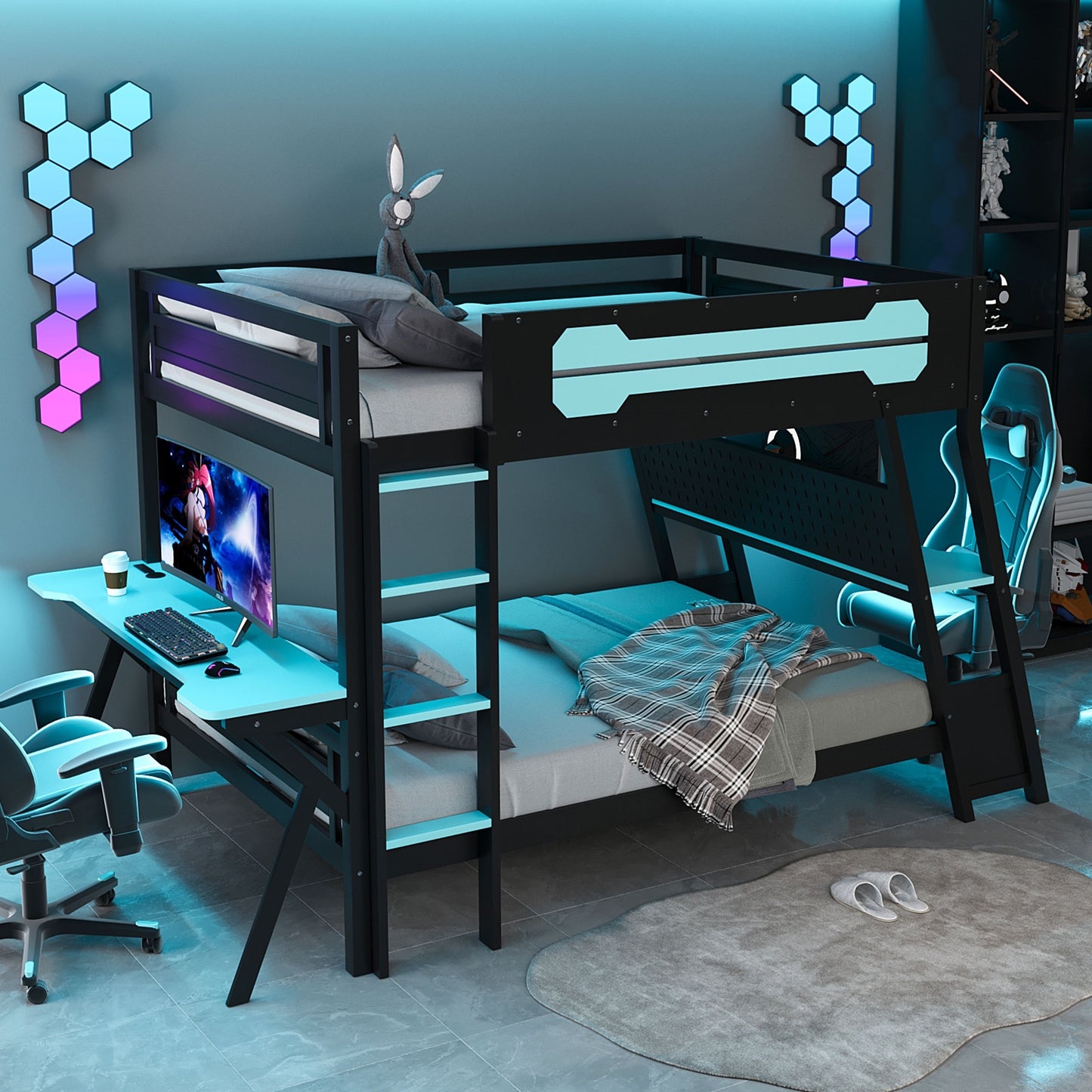 Full Size Bunk Bed With Built In Gaming Desks And Pegboard Organizer Cloud Blue