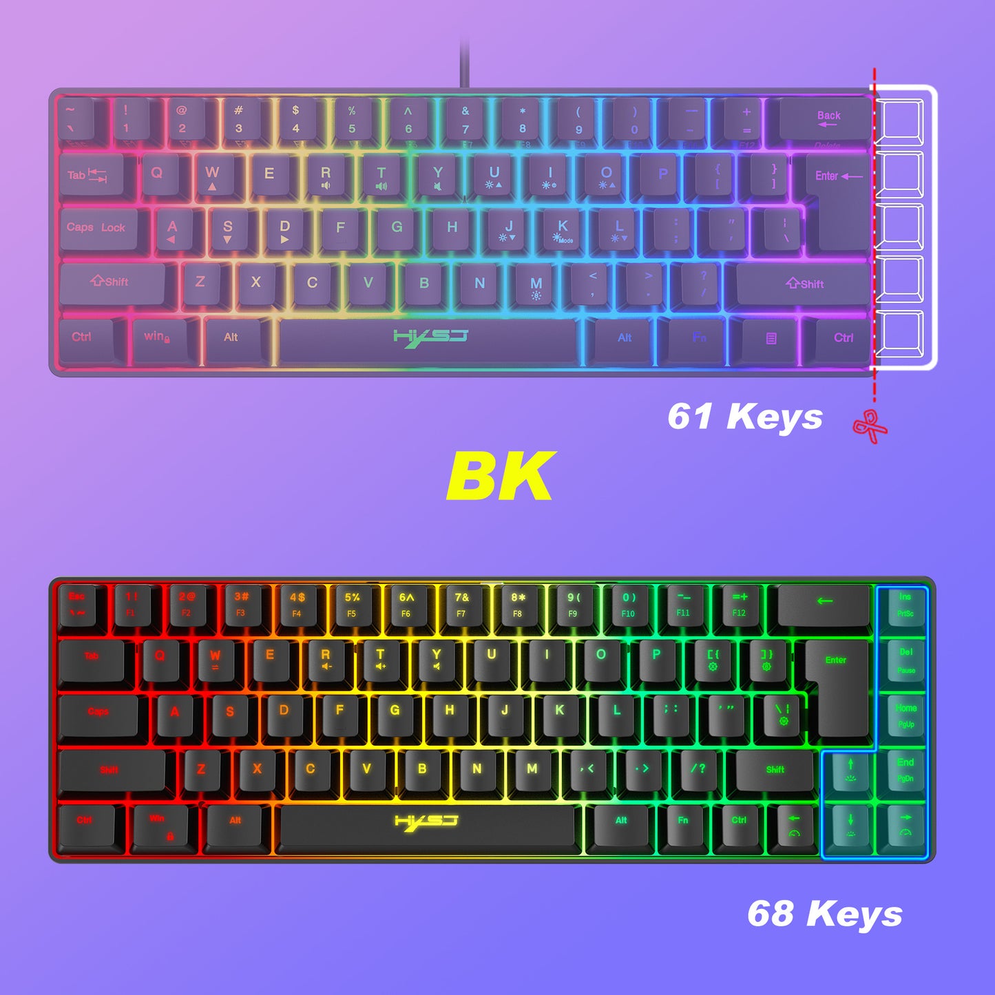 Gaming keyboards in black, RGB backlit, featuring 61 and 68 keys for enhanced performance and style.