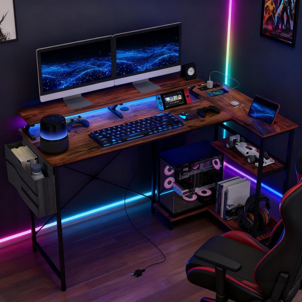 Reversible L Shaped Corner Desk With Monitor Stand Power Outlets LED Lights