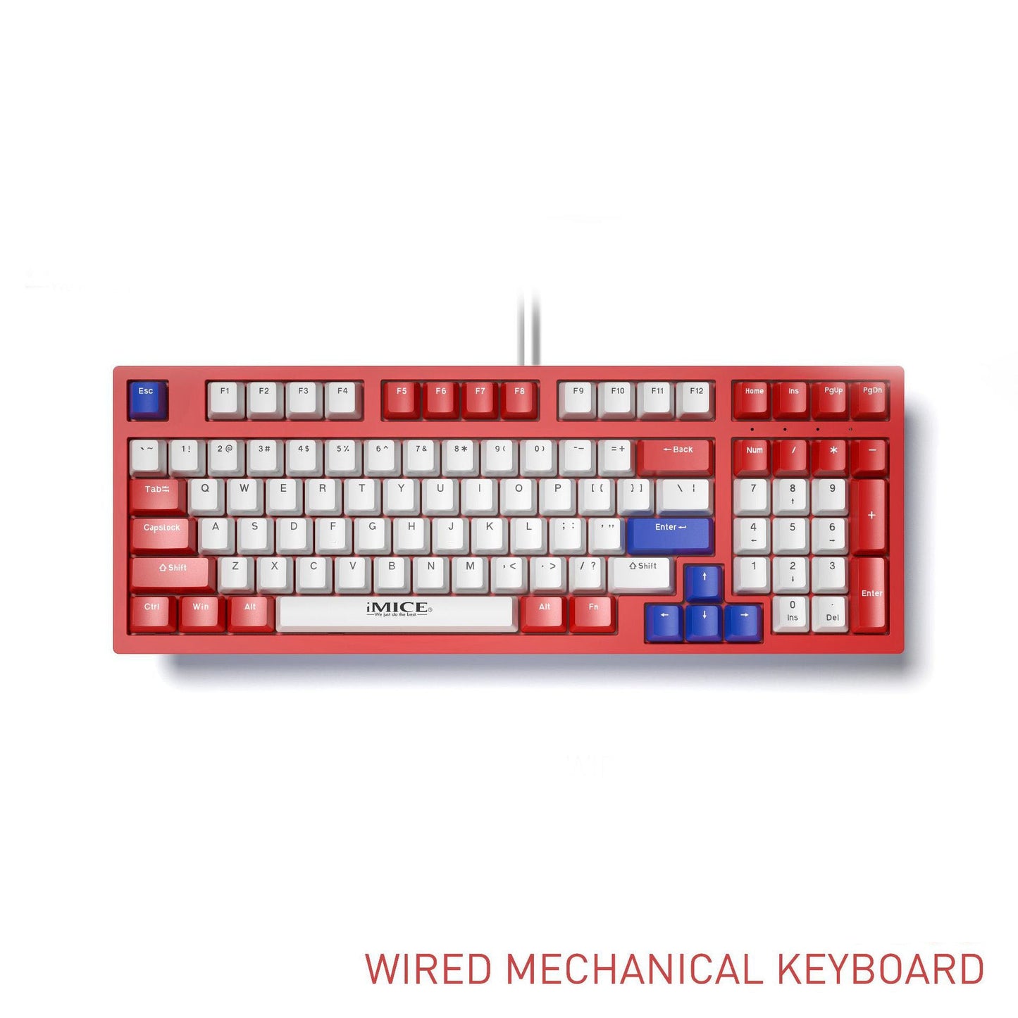 Wired mechanical keyboard in red and white with blue accents, featuring a compact design and customizable keys.