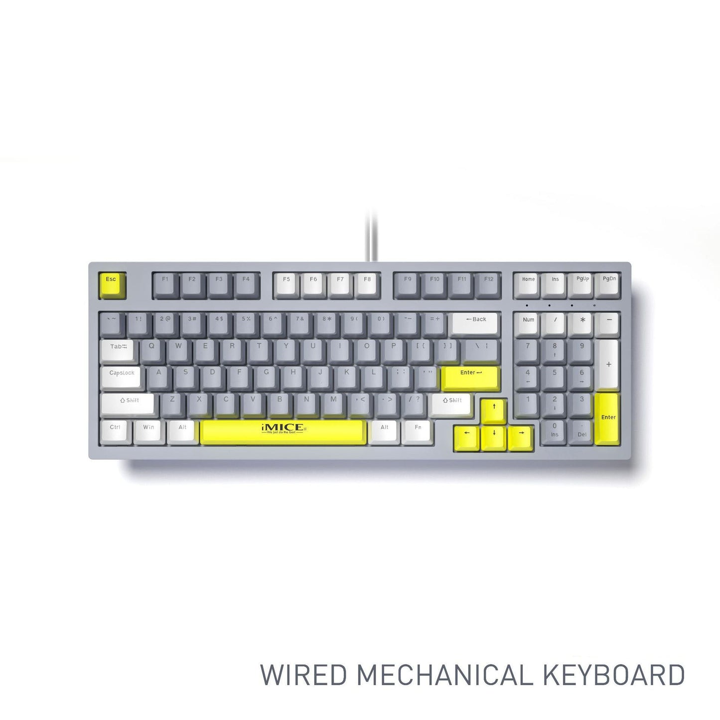 Wired mechanical keyboard in gray with yellow accent keys, perfect for gaming and typing.