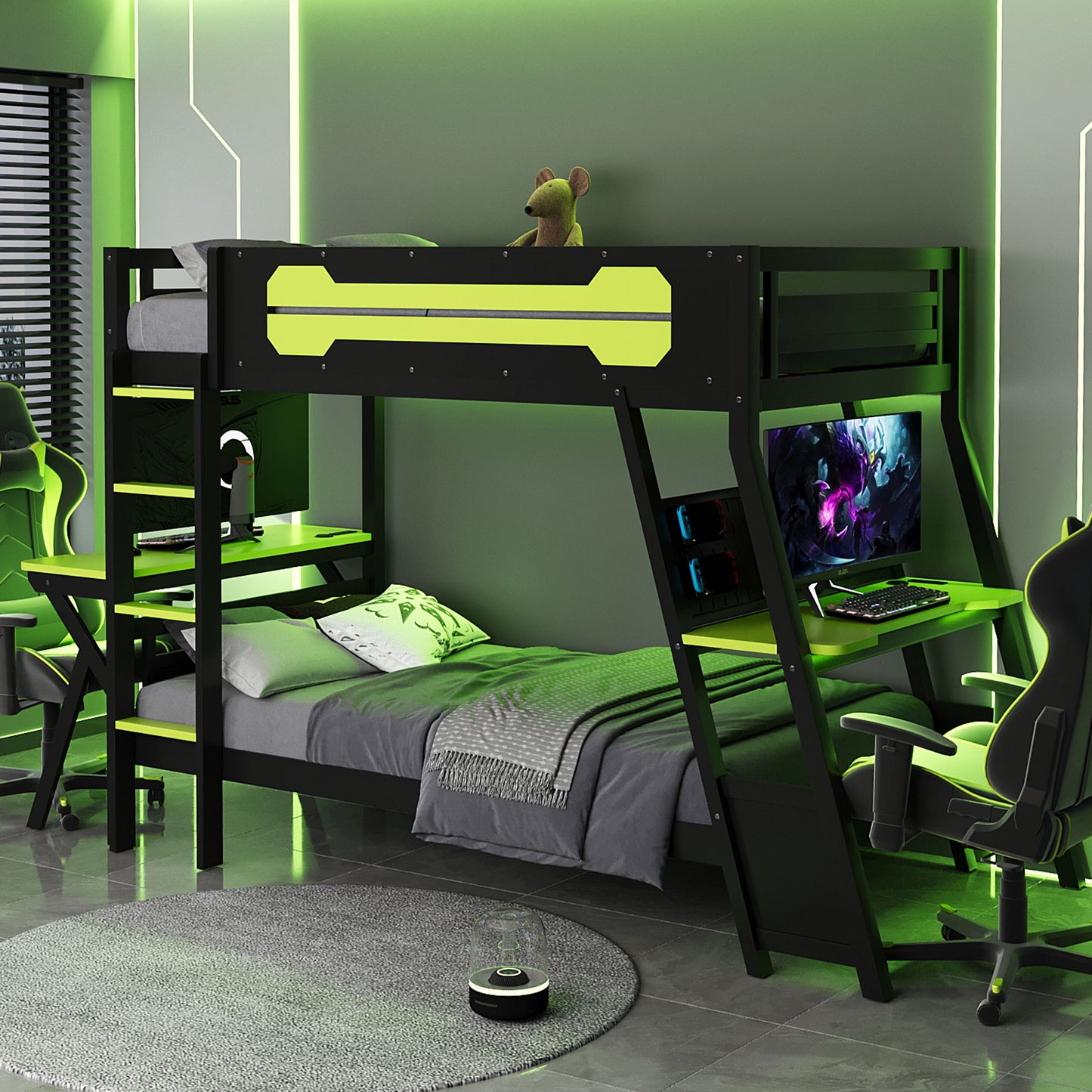 Twin Size Bunk Bed With Two Built In Gaming Desks And USB Ports For Gamers Green