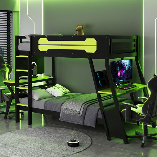 Twin Size Bunk Bed With Two Built In Gaming Desks And USB Ports For Gamers Green
