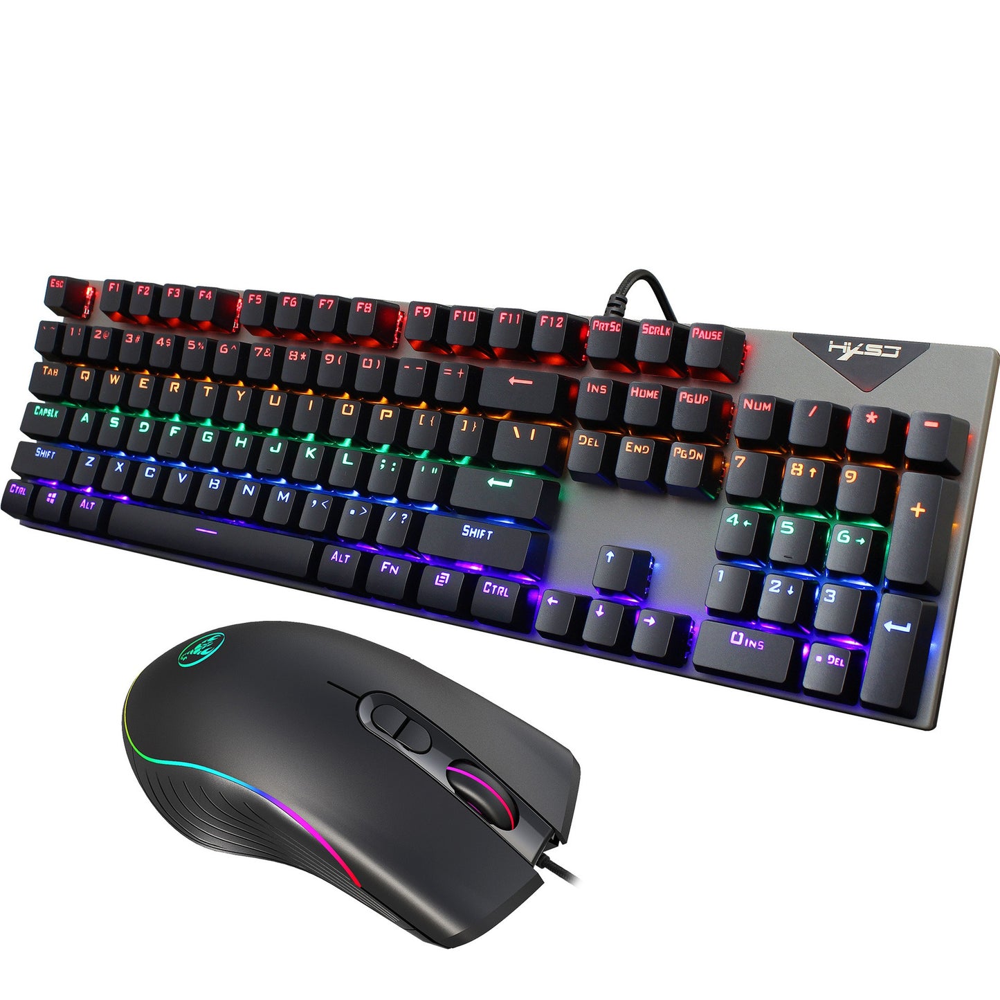 RGB mechanical gaming keyboard and ergonomic mouse set in black, ideal for gamers and enthusiasts.