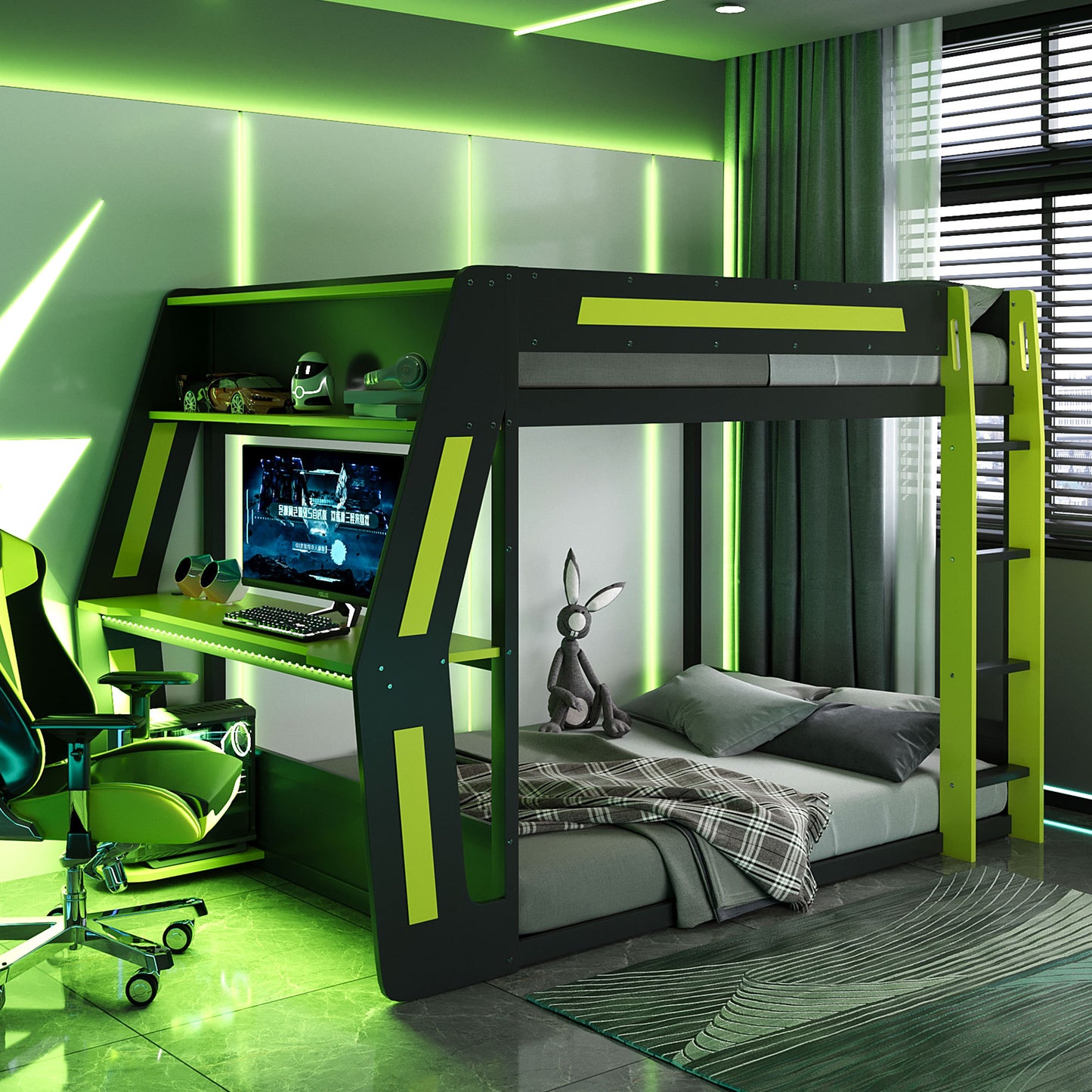 Full Size Gaming Bunk Bed With Side Mounted RGB Desk USB Ports LED Strip Green