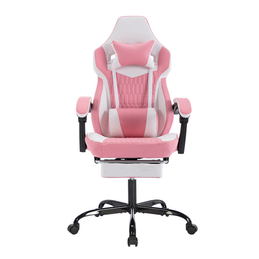 Pink Gaming Chair With Footrest PVC Leather Ergonomic High Back Lumbar Support