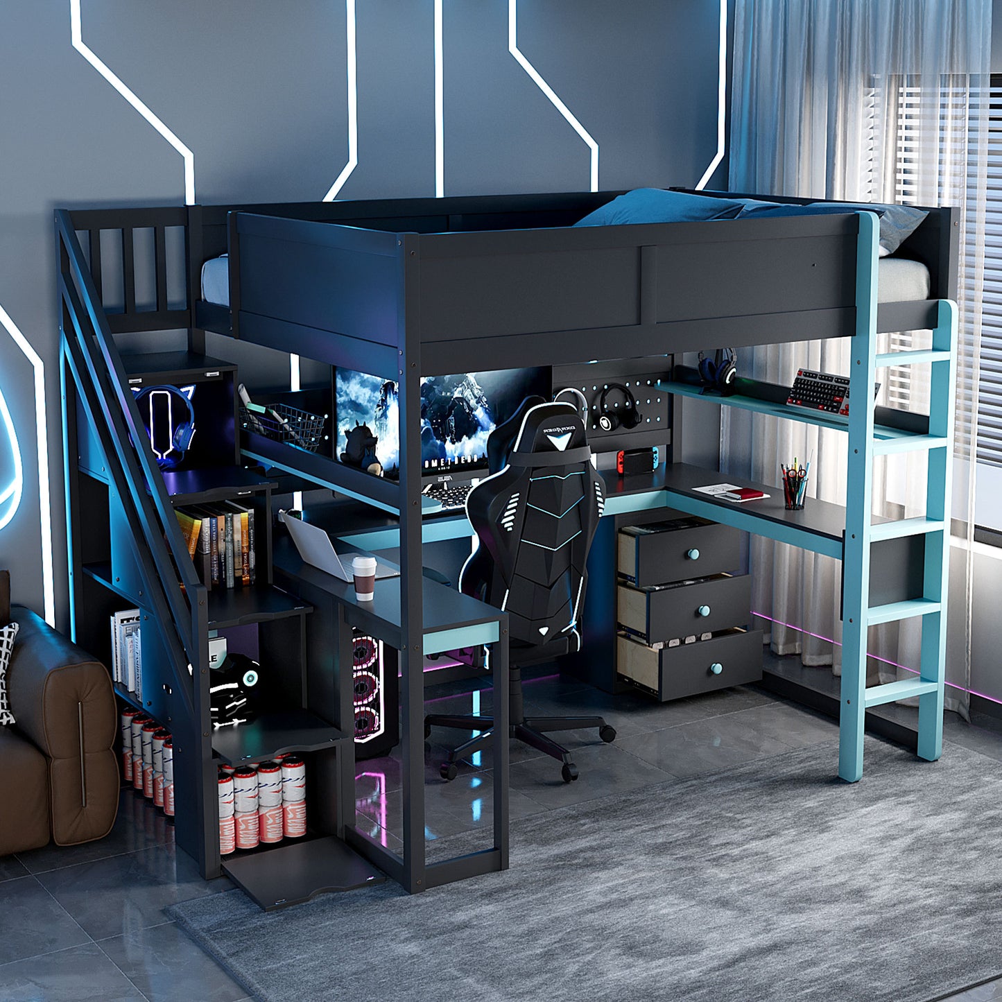 Full Size Wooden Gaming Loft Bed With Storage Stairs Desk Pegboard Black Blue