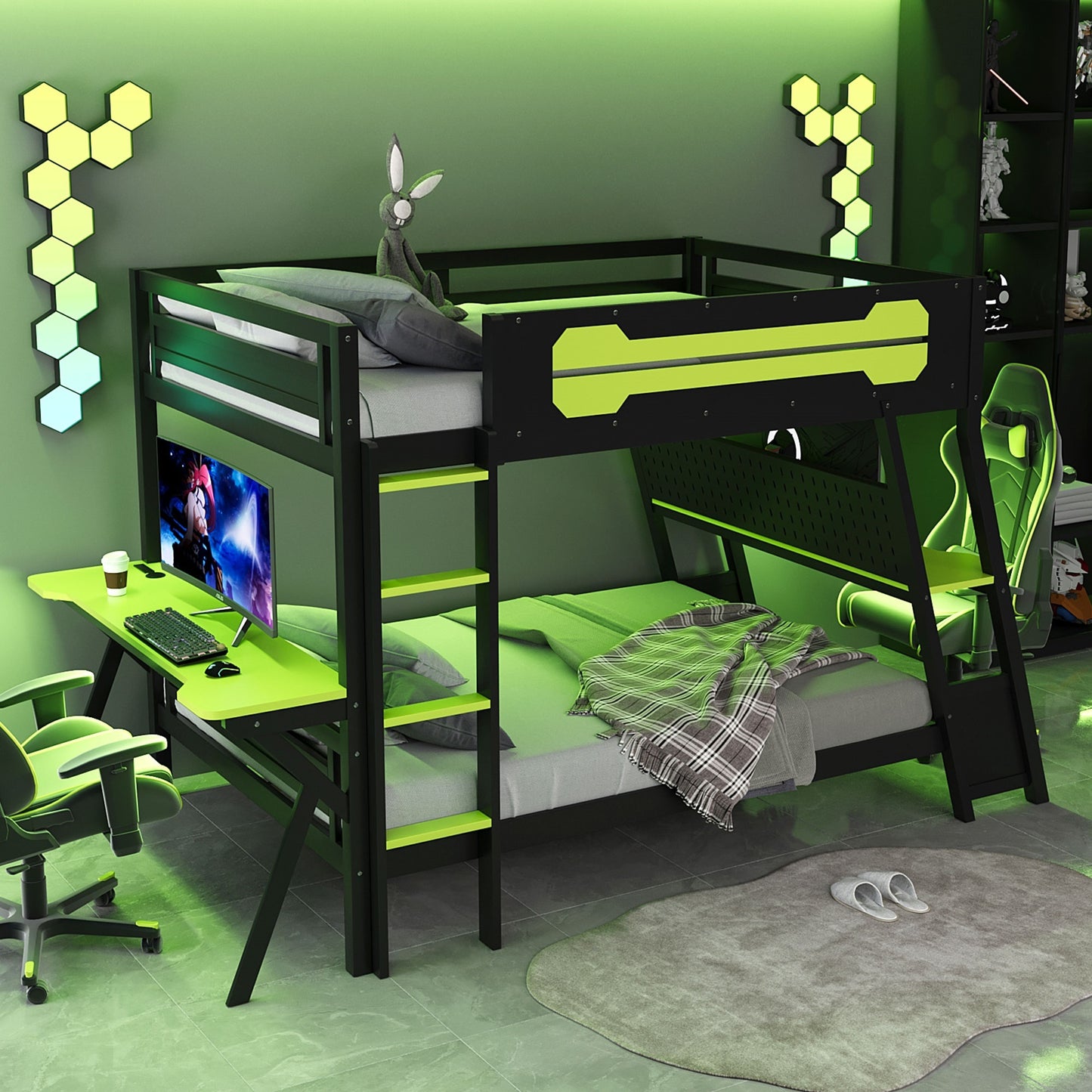 Full Size Gaming Bunk Bed With Built In Desks USB Ports Pegboard Organizer Green