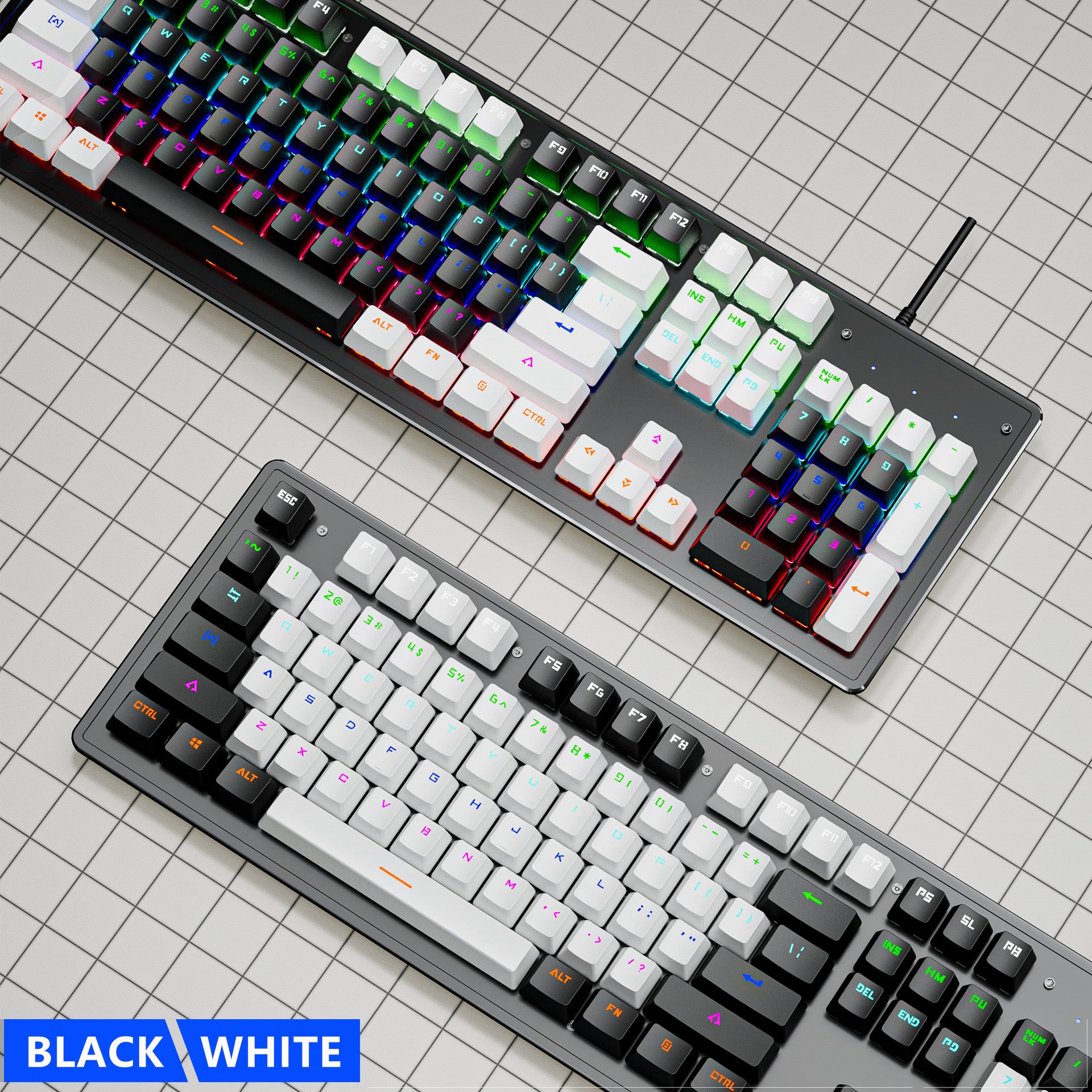 Dual-color mechanical keyboard set in black and white with RGB lighting and customizable keys.
