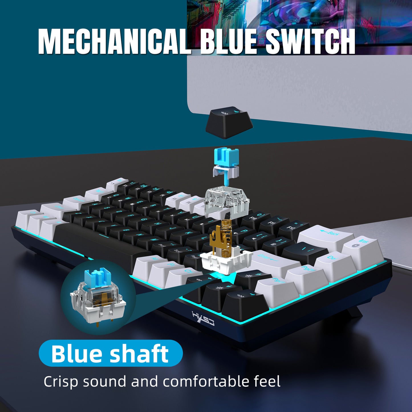 60% Mechanical Keyboard with Customizable Color Blocked Keycaps - 68 Keys