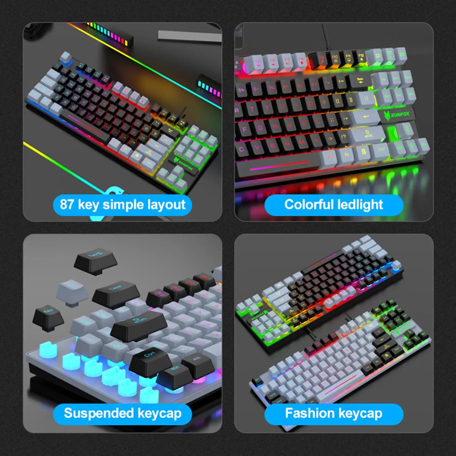 Colorful 87-key gaming keyboard with suspended keycaps and vibrant LED backlighting.