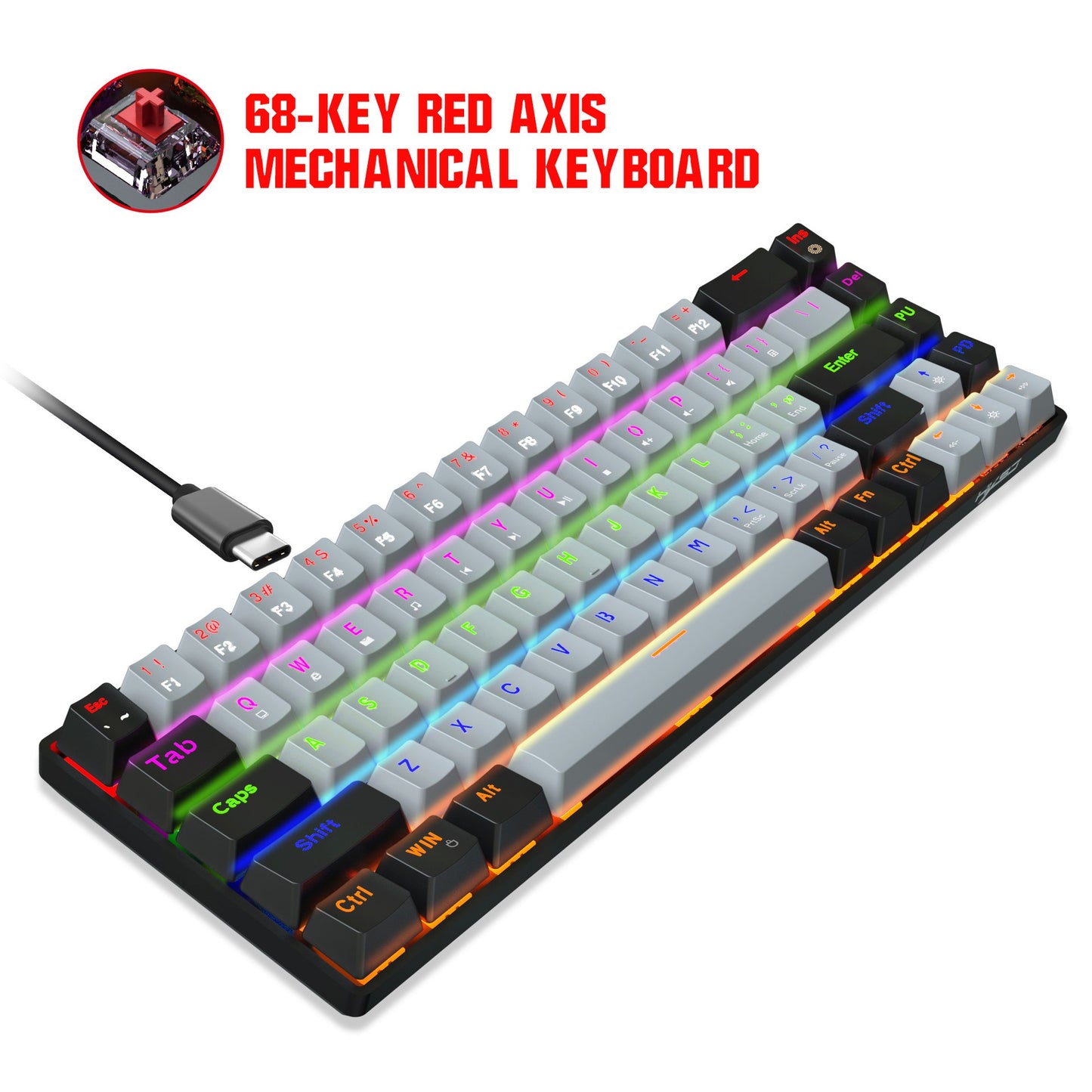 68 Key RGB Rainbow Backlit Mechanical Keyboard with Blue and Red Axis - 60%