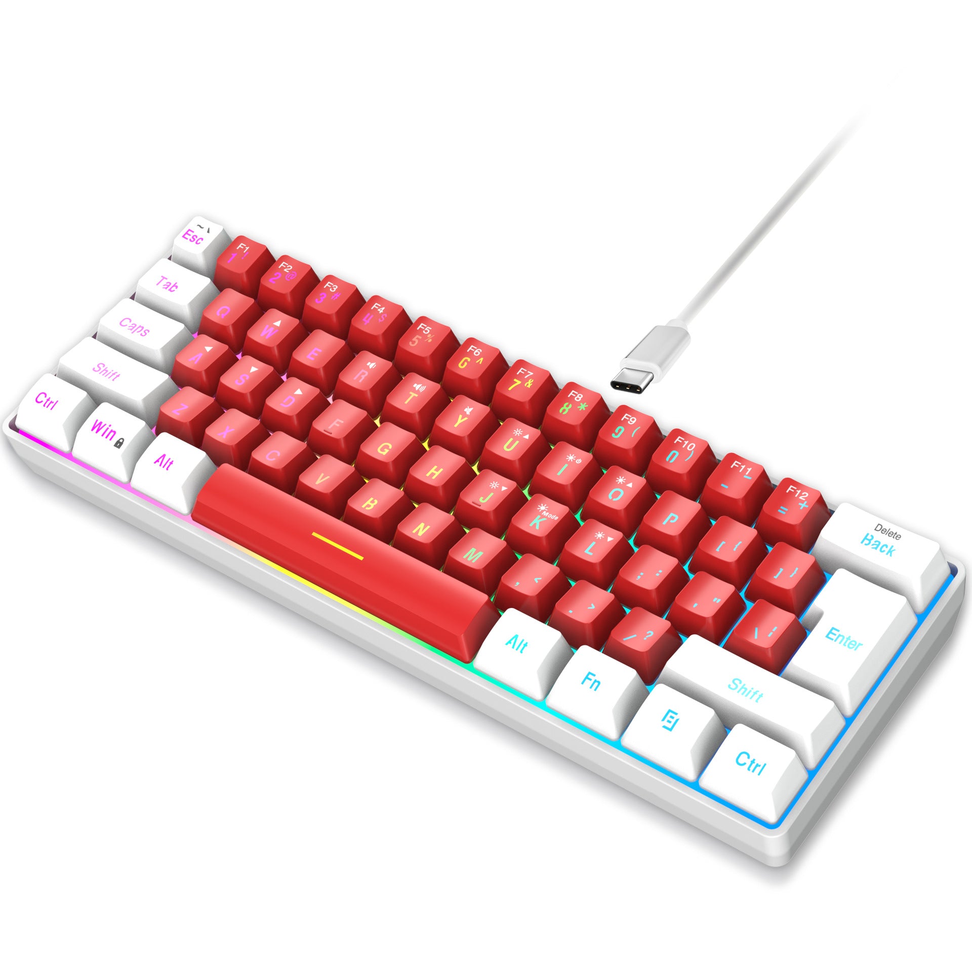 Mechanical keyboard with red keycaps, white base, RGB backlighting, and USB-C connection.