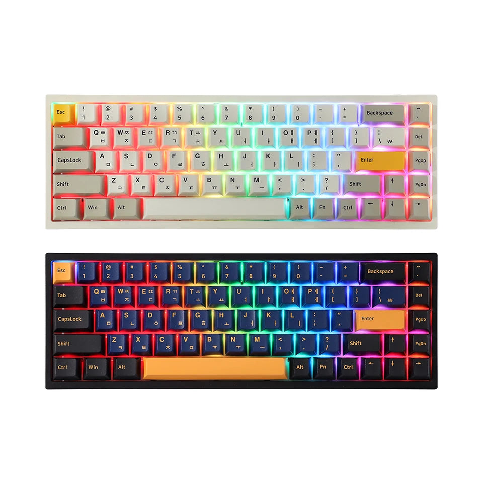 Two RGB backlit mechanical keyboards: white and black, featuring vibrant LED lighting and custom keycaps.
