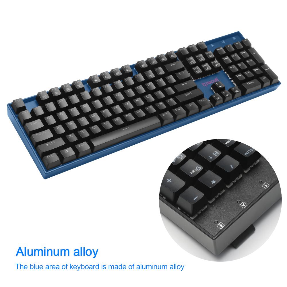 Blue aluminum alloy mechanical keyboard with black keys, featuring a sleek design and responsive keys.