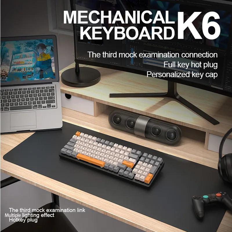 K6 mechanical keyboard with gray and orange keys, customizable key caps, full key hot plug, and multiple lighting effects.