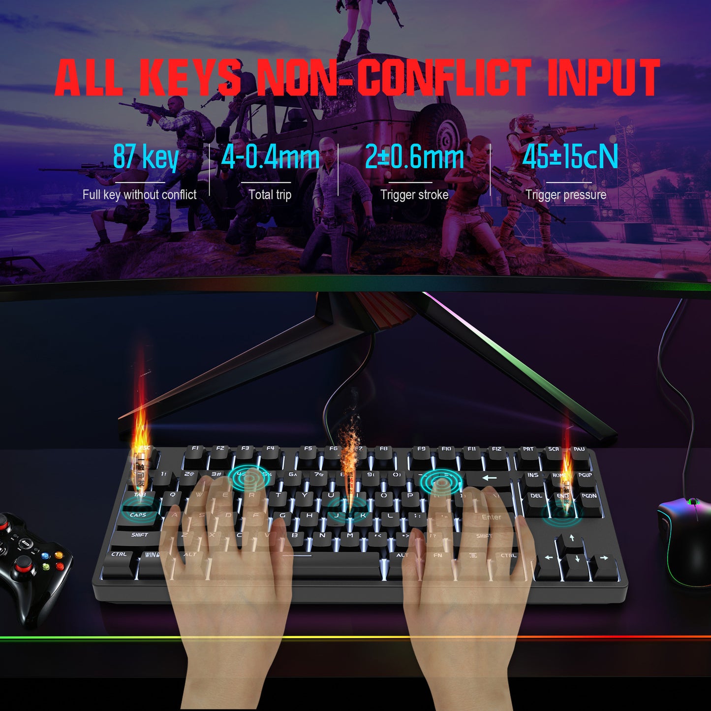 87 Key Wired Mechanical Gaming Keyboard with Red Switches and 20 LED Light Effects