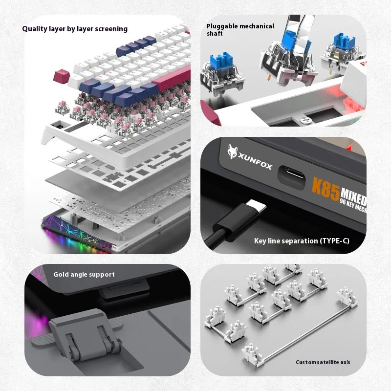 Xunfox K85 Mechanical Keyboard featuring pluggable shafts, RGB lighting, and gold angle support.