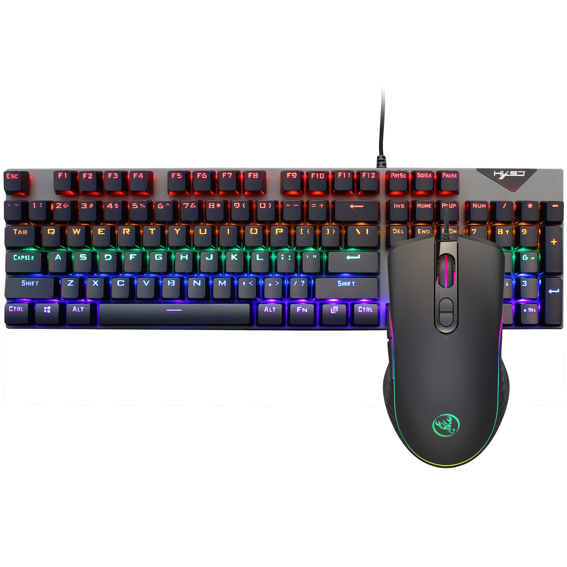RGB gaming keyboard and mouse combo, black, mechanical keys, customizable lighting effects.