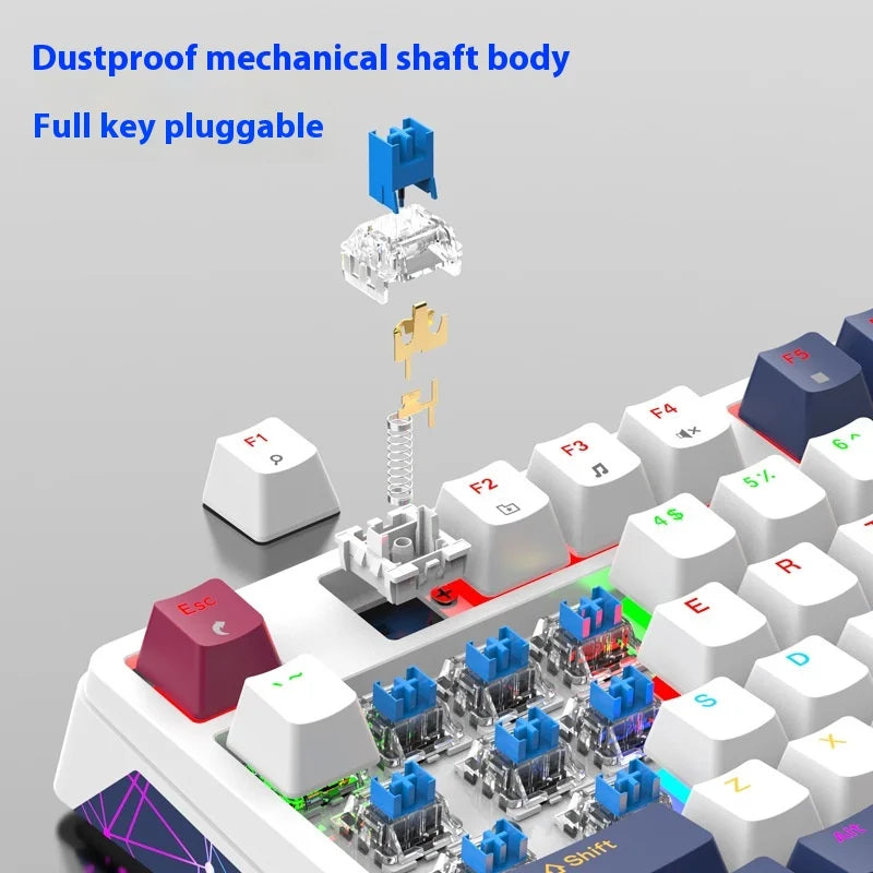 Close-up of a dustproof mechanical keyboard with blue switches, full key pluggable design, and RGB lighting.