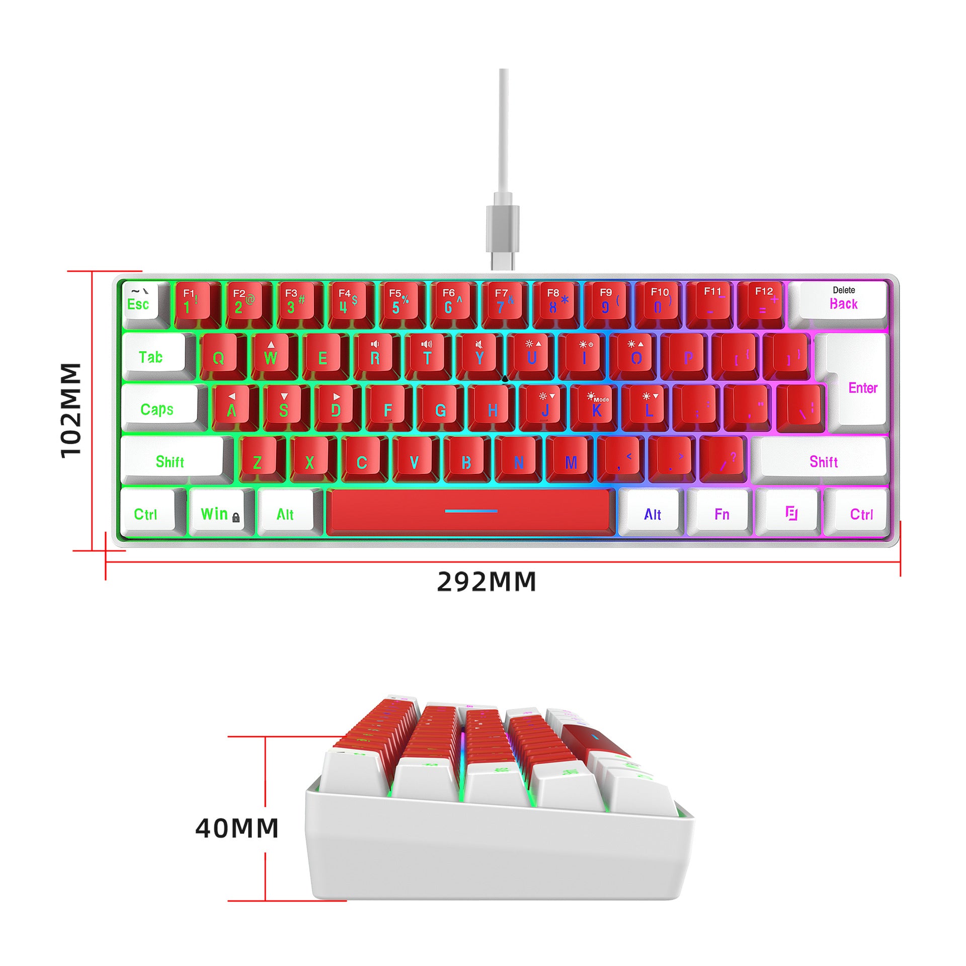 Compact RGB mechanical keyboard, red and white keycaps, USB wired, 292MM x 102MM x 40MM size.
