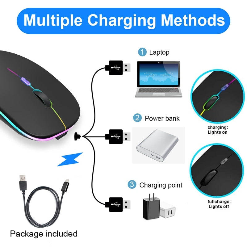 Wireless RGB Rechargeable Mouse - Ergonomic & Silent