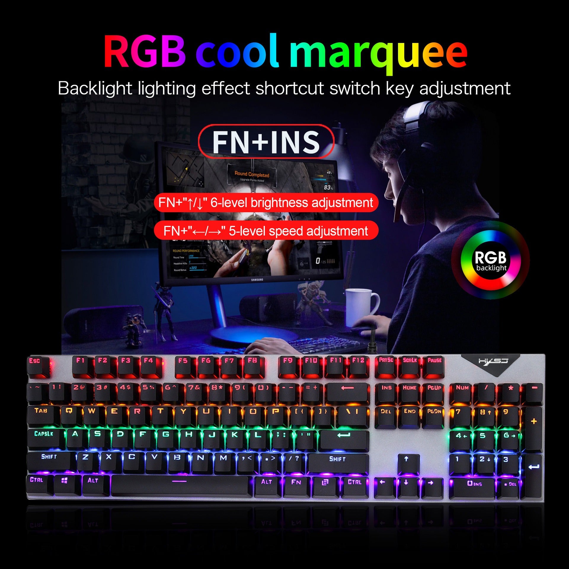 RGB gaming keyboard with customizable backlight, 6 brightness levels, and 5 speed settings.