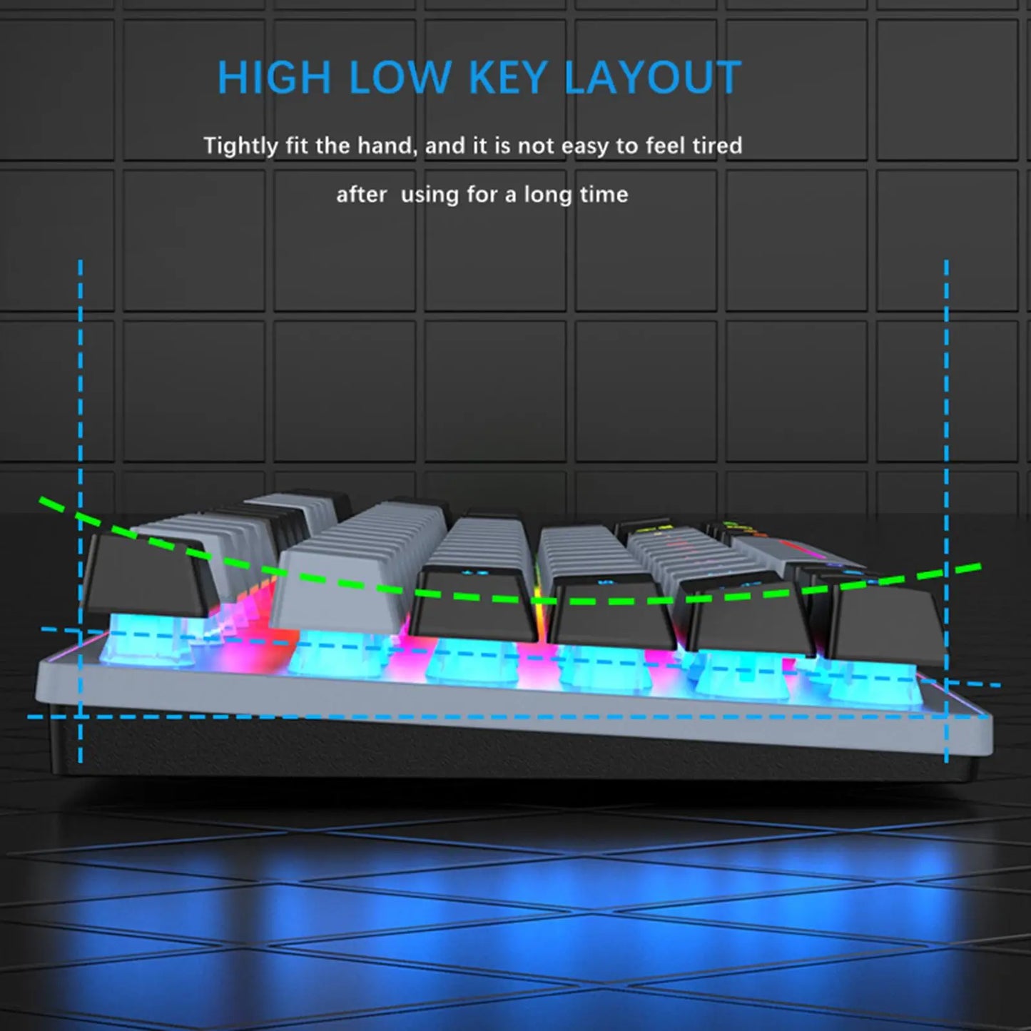 Ergonomic keyboard with high-low key layout, featuring customizable RGB backlighting and comfortable design.