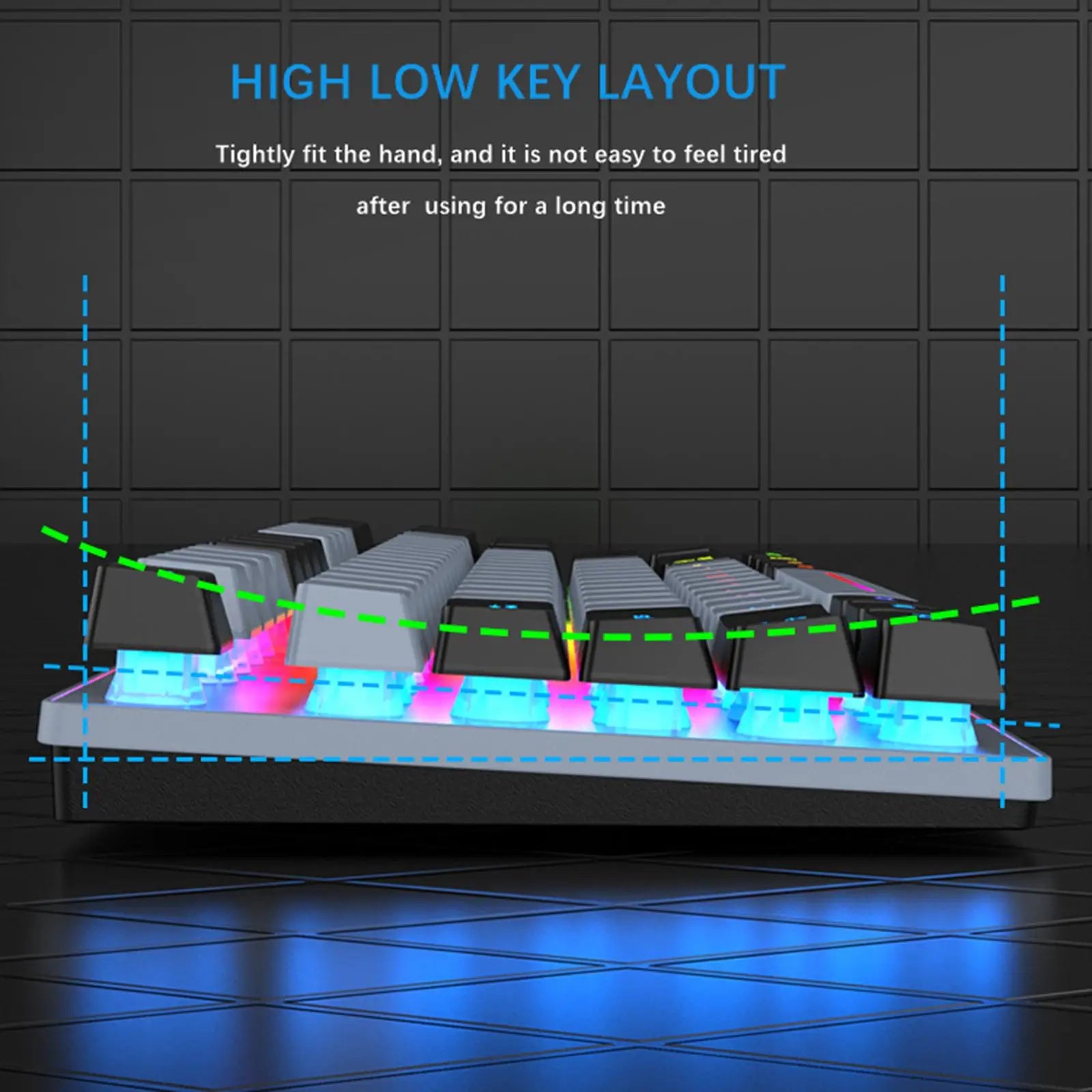 Ergonomic keyboard with high-low key layout, featuring customizable RGB backlighting and comfortable design.