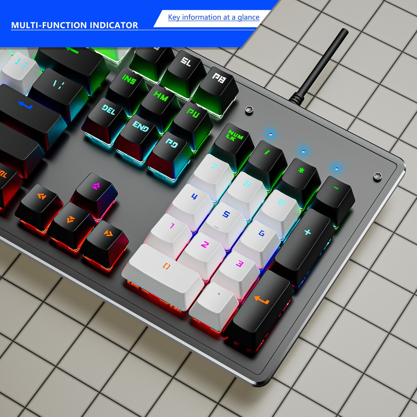 RGB mechanical gaming keyboard with black and white keys, featuring a multi-function indicator.