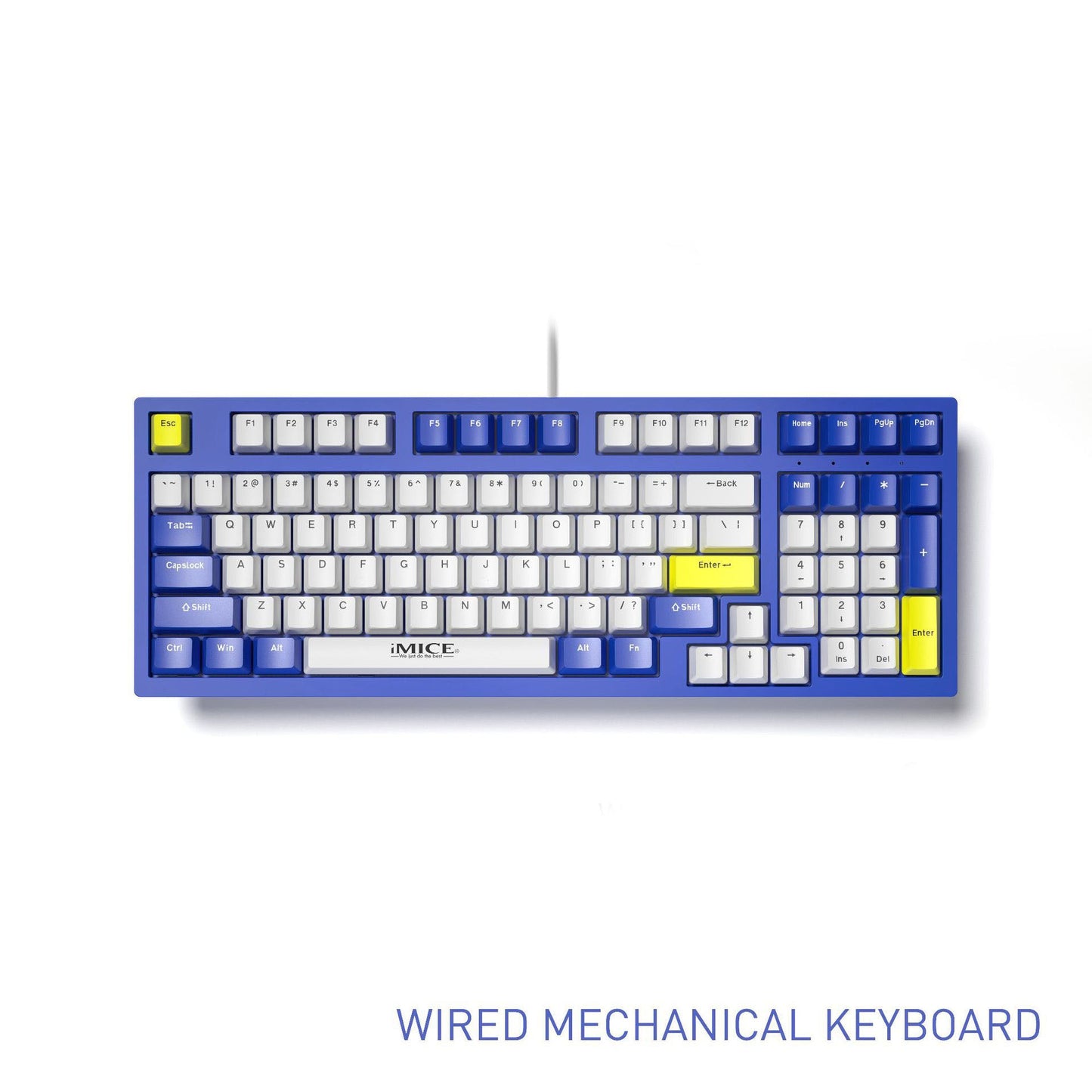 Wired mechanical keyboard in blue and white, featuring vibrant yellow accents and customizable keys.